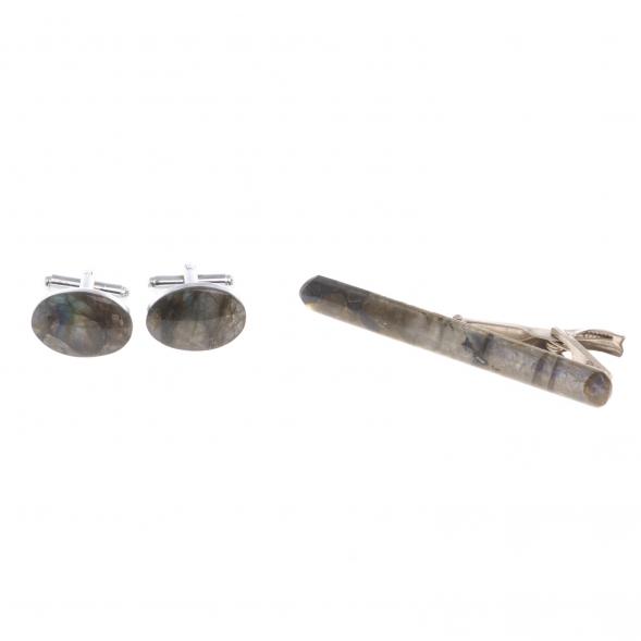 Набор запонки овальные и зажим для галстука камень лабрадор 124478