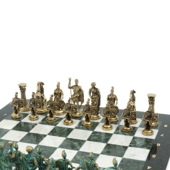 Шахматы &amp;quot;Римские войны&amp;quot; фигуры бронза / патина 44х44 см мрамор змеевик 128382