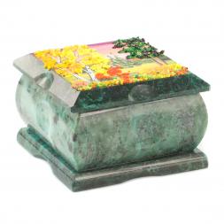 Шкатулка змеевик рисунок осень 10х10х6,5 см