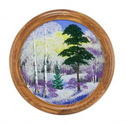 Панно каменное на тарелке из дерева &amp;quot;Зимний пейзаж&amp;quot; 40 см