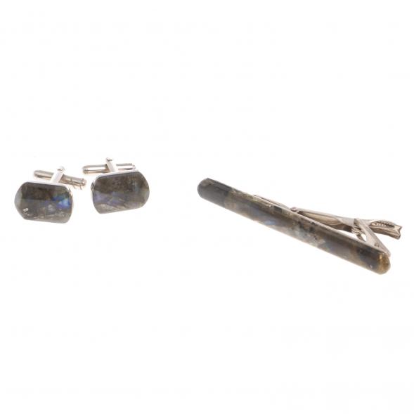 Набор запонки закругленные и зажим для галстука камень лабрадор 124479