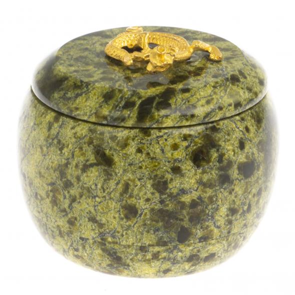 Шкатулка из змеевика круглая с ящерицей 6х6х5,5 см 125015