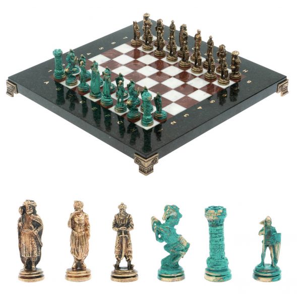 Шахматы &amp;quot;Рыцари&amp;quot; фигуры бронза / патина 28х28 см из лемезита и мрамора 128217