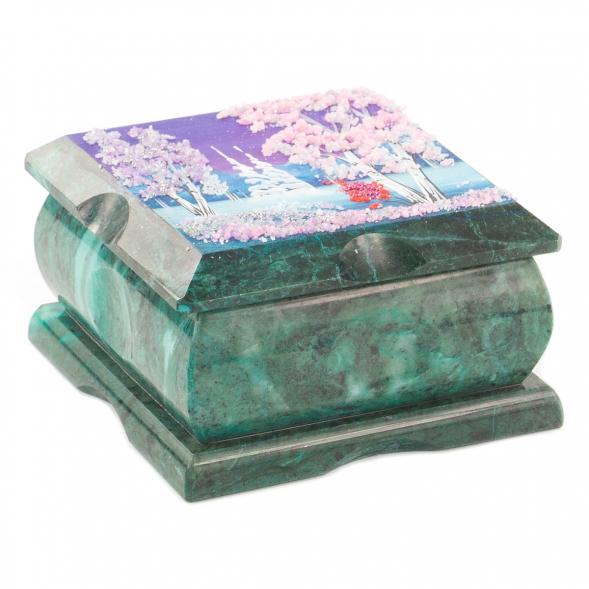 Шкатулка змеевик рисунок зима 10х10х6,5 см 119906