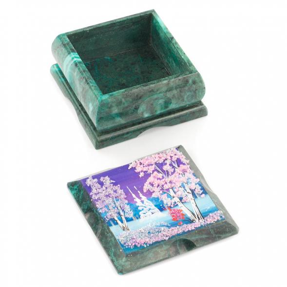 Шкатулка змеевик рисунок зима 10х10х6,5 см 119906