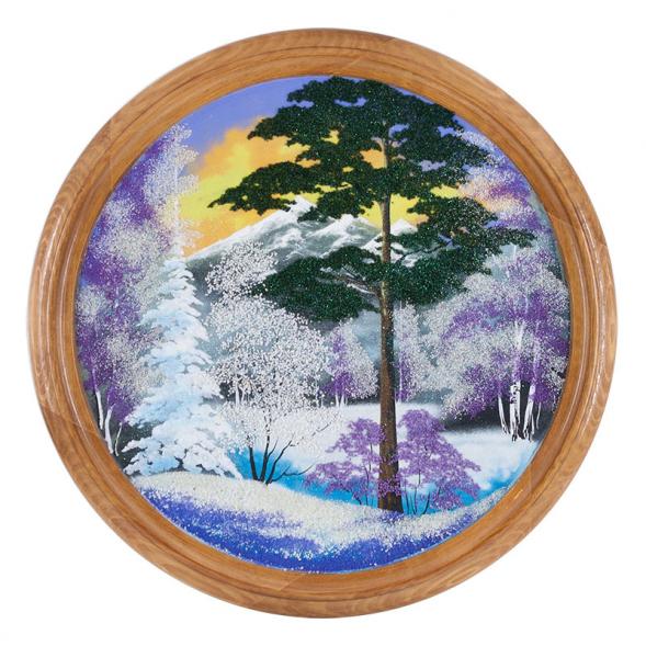 Панно каменное на тарелке из дерева &amp;quot;Зимний пейзаж&amp;quot; 50 см 111122