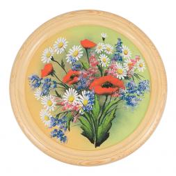 Панно на тарелке из дерева "Букет полевых цветов" 40 см рисунок каменная крошка