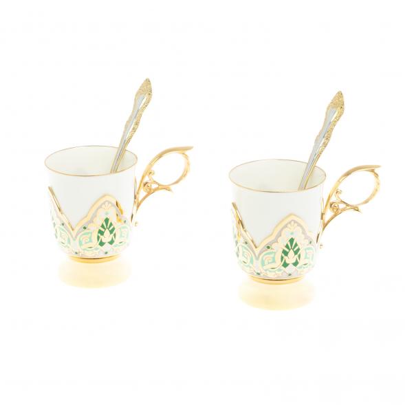 Чайный набор &amp;quot;Кубачинские узоры&amp;quot; с зеленой эмалью Златоуст 127676