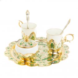 Чайный набор "Кубачинские узоры" с зеленой эмалью Златоуст