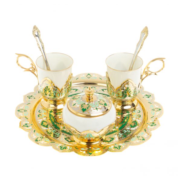 Чайный набор &amp;quot;Кубачинские узоры&amp;quot; с зеленой эмалью Златоуст 127676