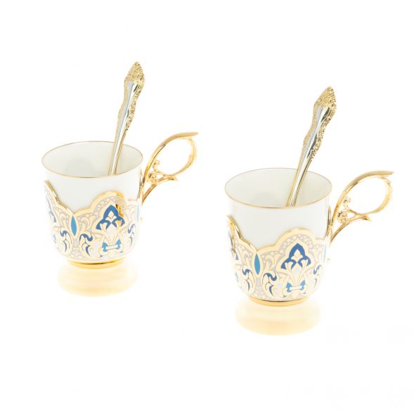 Чайный набор &amp;quot;Кубачинские узоры&amp;quot; с синей эмалью Златоуст 127677