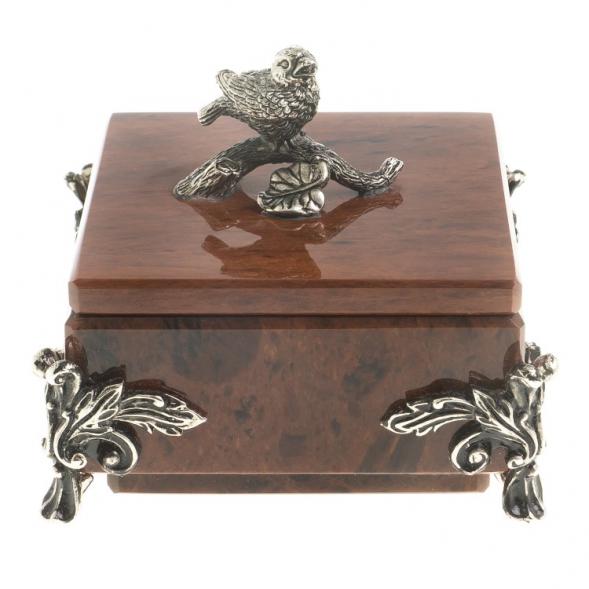 Шкатулка &amp;quot;Певчая птица&amp;quot; камень обсидиан коричневый 9х9х7,5 см 122969