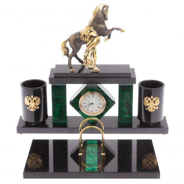 Письменный набор с часами &amp;quot;Конь с попоной&amp;quot; из малахита 129561