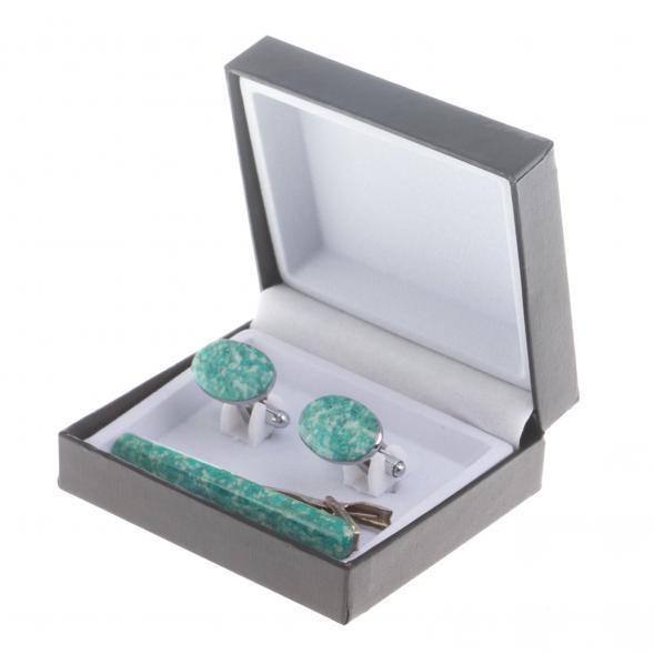 Набор запонки овальные и зажим для галстука камень амазонит 124486