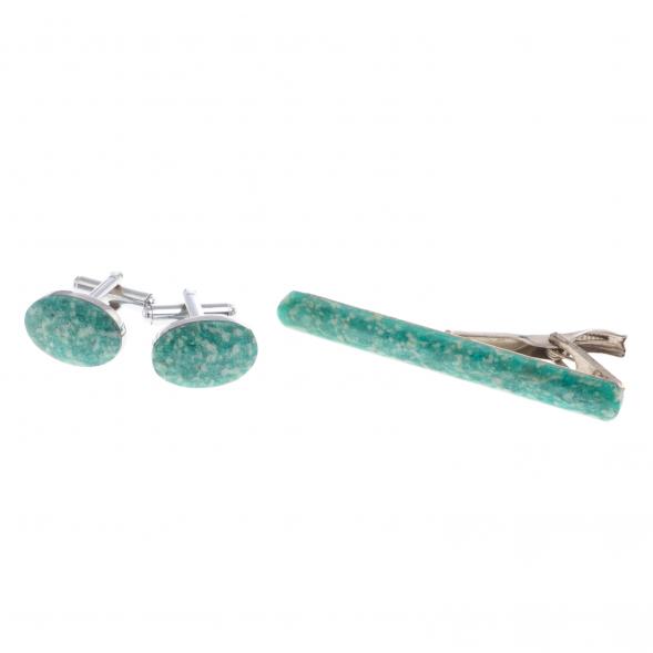 Набор запонки овальные и зажим для галстука камень амазонит 124486