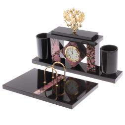 Письменный набор с часами "Герб РФ" из родонита