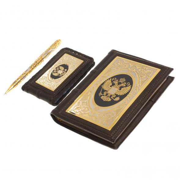 Подарочный набор &amp;quot;Держава&amp;quot; ежедневник, визитница и ручка коричневая кожа 122398