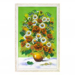 Картина "Букет из маков и ромашек" 57х87 см белый багет зеленый фон