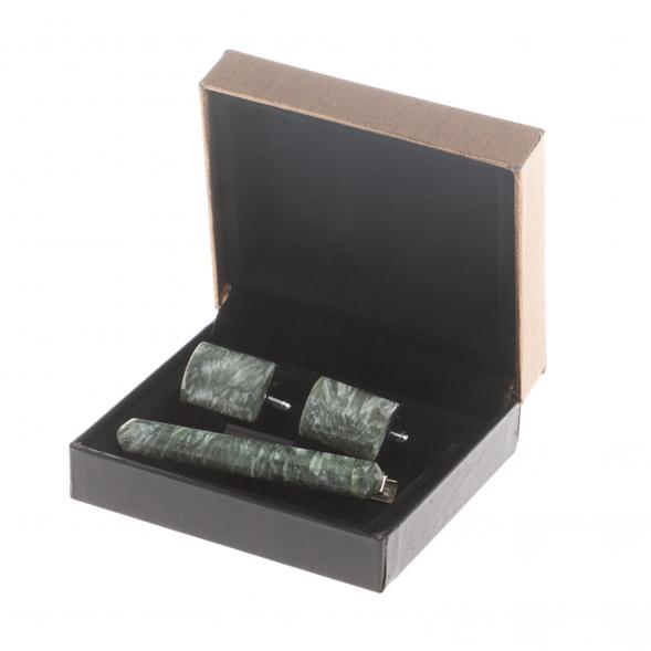 Набор запонки прямоугольные и зажим для галстука камень серафинит 124491