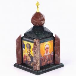 Шкатулка "Часовня" малая из лемезита и змеевика 11х11х20 см