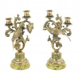 Бронзовые канделябры "Колибри" 3 свечи камень змеевик