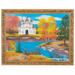 Картина &amp;quot;Церковь на осеннем берегу&amp;quot; багет 36х46 см, каменная крошка