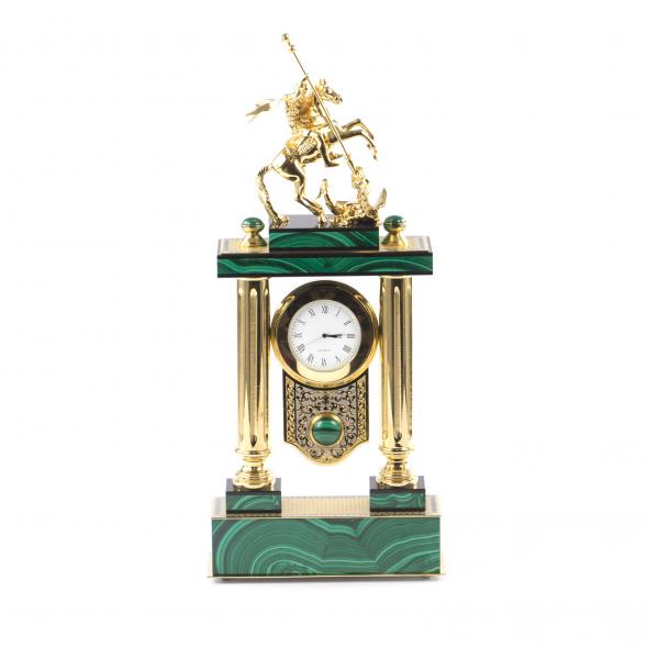 Каминные часы &amp;quot;Святой Георгий&amp;quot; из малахита и бронзы Златоуст 113597