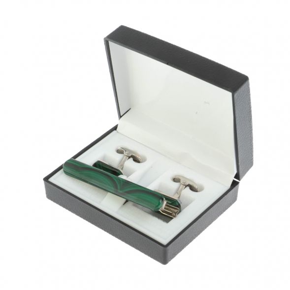 Набор запонки восьмиугольные и зажим для галстука камень малахит 128844