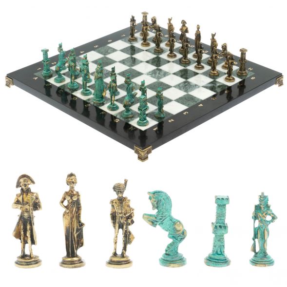 Шахматы &amp;quot;Отечественная война 1812 г. &amp;quot; фигуры бронза / патина 40х40 см мрамор змеевик 128400