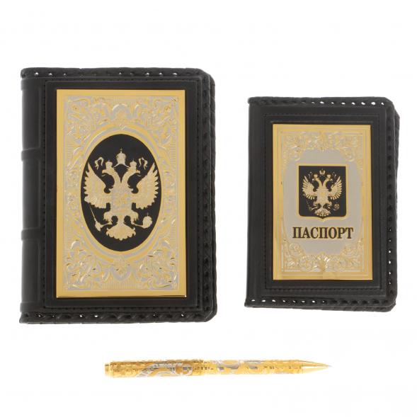Подарочный набор &amp;quot;Держава&amp;quot; обложка для паспорта, ежедневник и ручка с гравюрой 122541