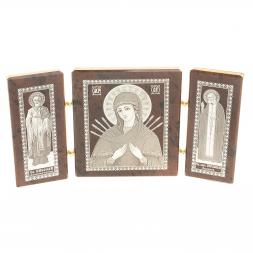 Икона складная триптих &amp;quot;Семистрельная БМ, Св. Николай, Св. Серафим&amp;quot; камень обсидиан