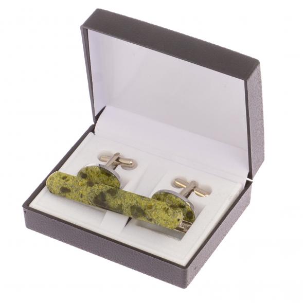 Набор запонки овальные и зажим для галстука камень змеевик 125697