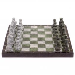 Шахматный набор 3 в 1 серый мрамор, змеевик с гравировкой