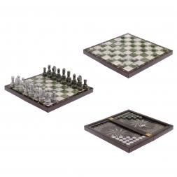 Шахматный набор 3 в 1 серый мрамор, змеевик с гравировкой