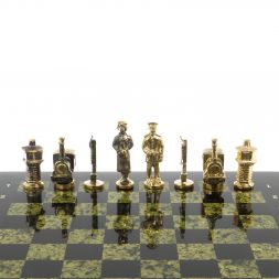 Бронзовые шахматы "Железнодорожники" доска 40х40 см змеевик