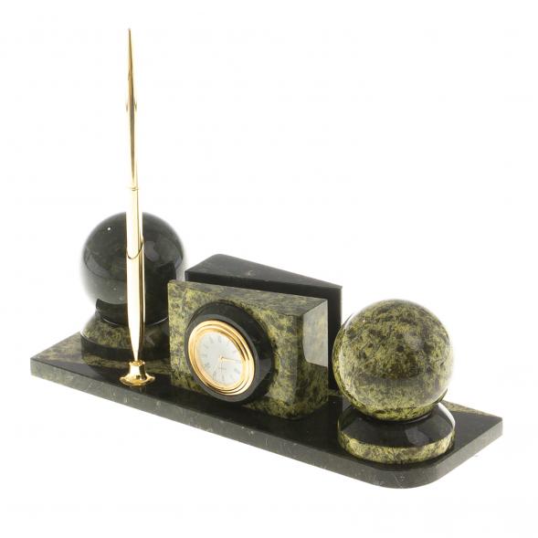 Мини-набор с часами &amp;quot;Два шара&amp;quot; из камня змеевик 124505