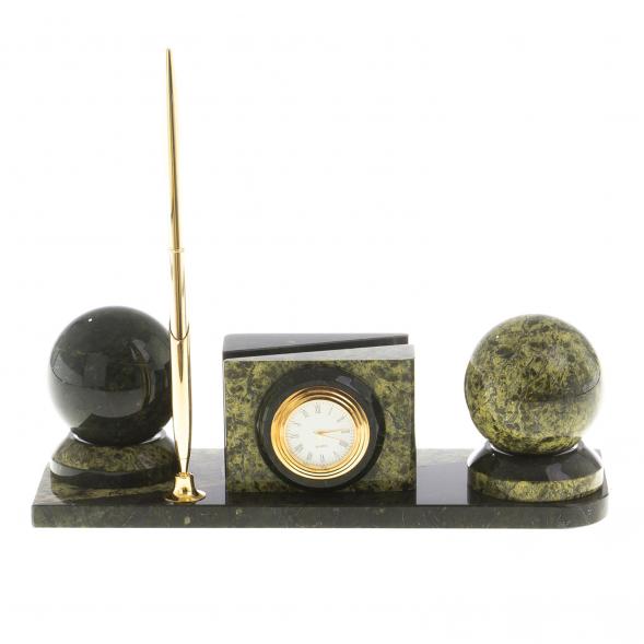 Мини-набор с часами &amp;quot;Два шара&amp;quot; из камня змеевик 124505