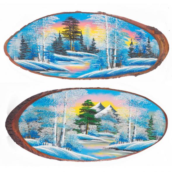 Панно на срезе дерева &amp;quot;Зима&amp;quot; горизонтальное 90-95 см каменная крошка 111079