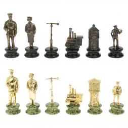 Шахматы подарочные &amp;quot;Железнодорожники&amp;quot; из бронзы и змеевика 48х48 см