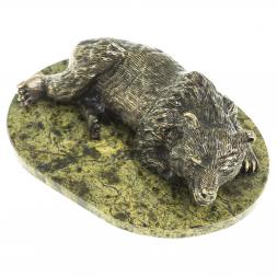 Статуэтка из бронзы "Большой медведь лежит" на подставке из змеевика