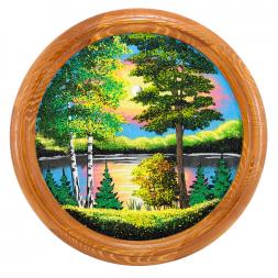 Панно каменное на тарелке из дерева &amp;quot;Летний пейзаж&amp;quot; 40 см