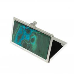 Карманная визитница из камня малахит с хризоколой цвет серебро