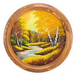 Панно каменное на тарелке из дерева &amp;quot;Осенний пейзаж&amp;quot; 40 см