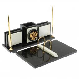 Настольный набор "Офисный" из мармора и змеевика с гербом РФ