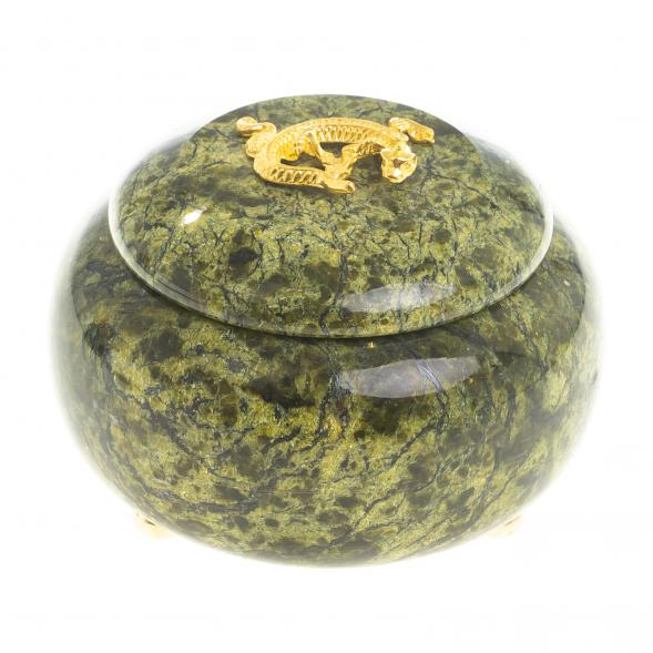 Шкатулка круглая с ящерицей камень змеевик 8х8х6,5 см 123576
