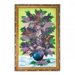 Картина "Натюрморт сирень" из каменной крошки на зеленом фоне багет 57х87 см