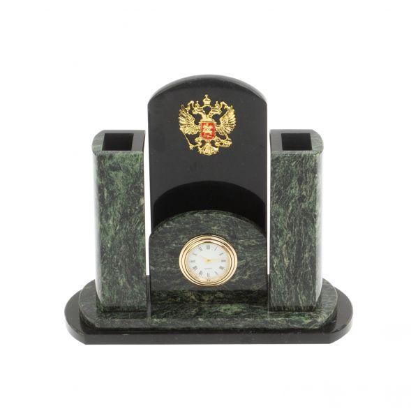 Настольные часы с карандашницей &amp;quot;Герб России&amp;quot; из шабровского змеевика 127147