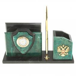 Настольная визитница "Щит" из темно-зеленого змеевика