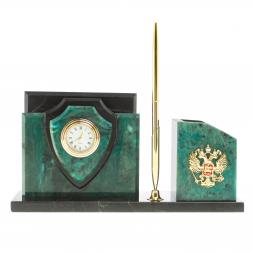 Настольная визитница "Щит" из темно-зеленого змеевика