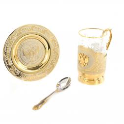 Чайная пара &amp;quot;Гербовая&amp;quot; подстаканник 260 мл на блюдце с ложкой Златоуст